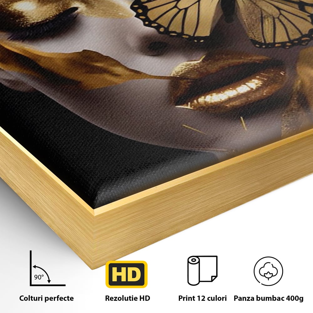 Detaliu al suprafetei: tablou canvas cu portret de femeie si fluture auriu, in rama de aluminiu auriu